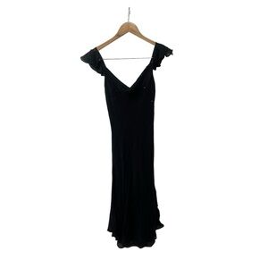 Vintage Y2K Express Black Silk Sequin Ruffle Hem Dress Mermaid 7/8